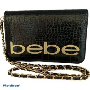 NEW! BEBE Fabiola Stamped Faux Crocodile Crossbody Black Gold  Detachable Strap